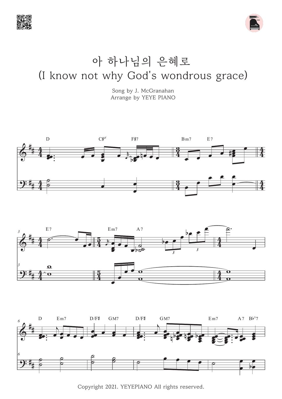 J Mcgranahan I Know Not Why Gods Wondrous Grace Partition Musicale By 예예피아노yeye Piano 7599