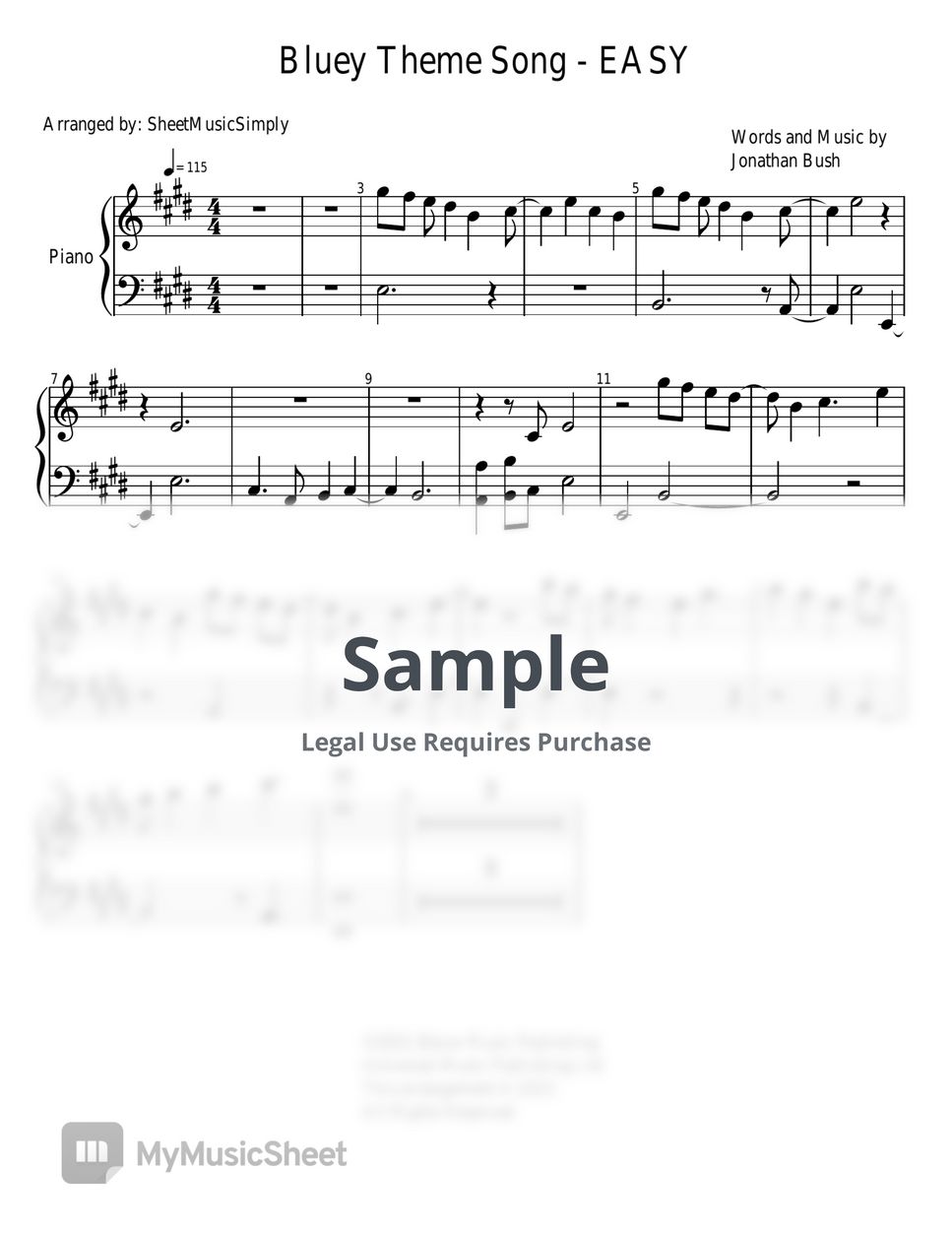 Jonathan Bush - Bluey Theme Song Sheets By Sheetmusicsimply