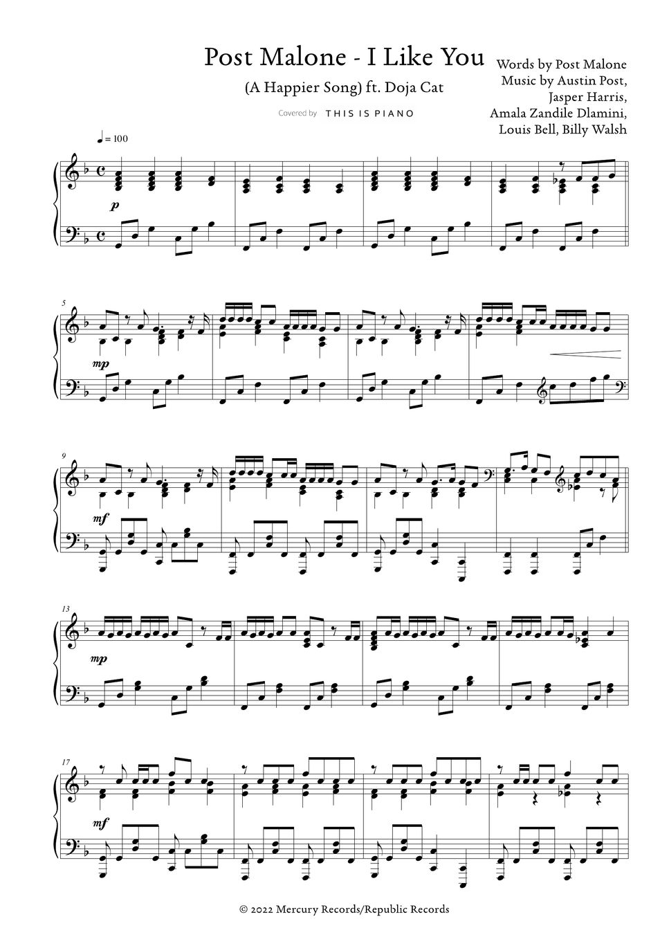 Post Malone I Like You 楽譜 by THIS IS PIANO