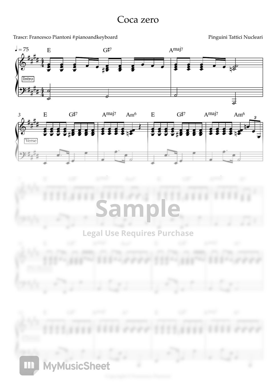 Pinguini tattici nucleari Coca zero (spartito pianoforte) 악보 by