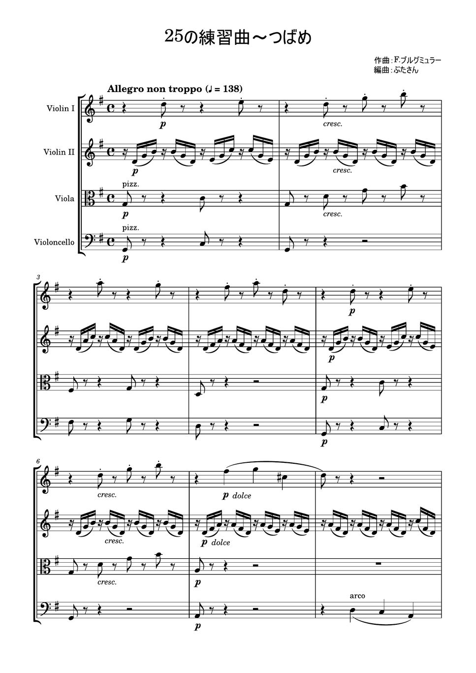フリードリヒ・ブルグミュラー - つばめ～「25の練習曲」より (弦楽四重奏) by ぶたさん