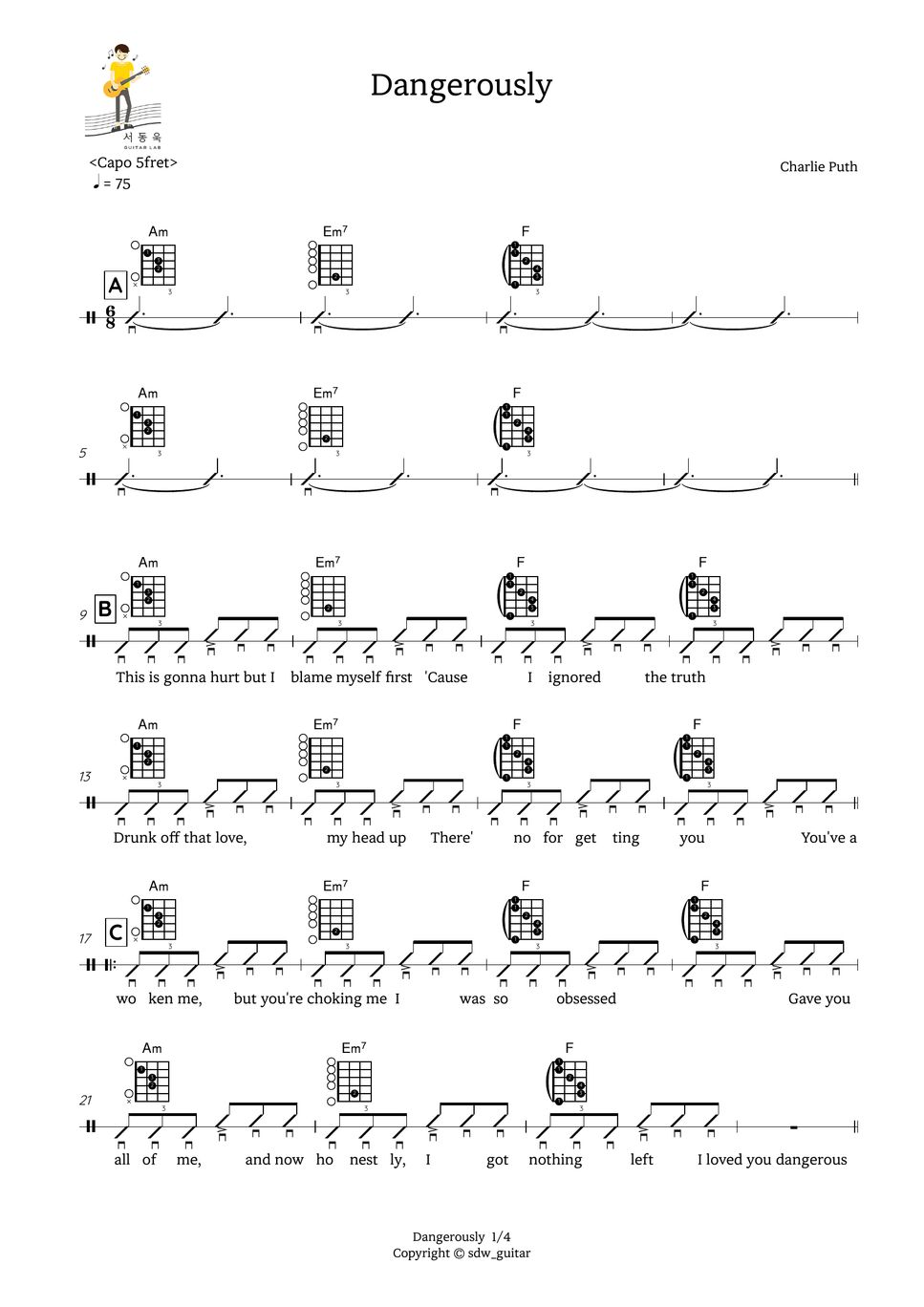 Charlie Puth - Dangerously (Guitar TAB) Sheets by 서동욱