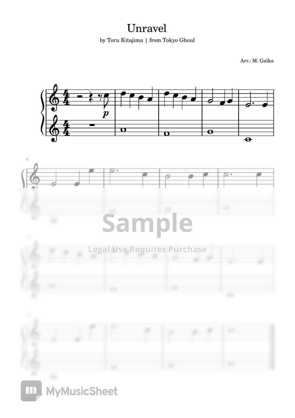 Toru Kitajima Unravel (Tokyo Ghoul) [Piano Easy Cover] Sheets by M. Galka