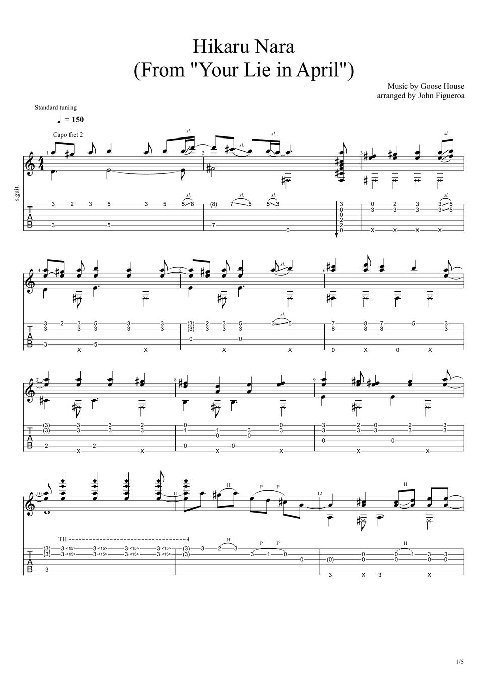 Goose House Hikaru Nara (OP1 From "Your Lie in April") Sheets by John