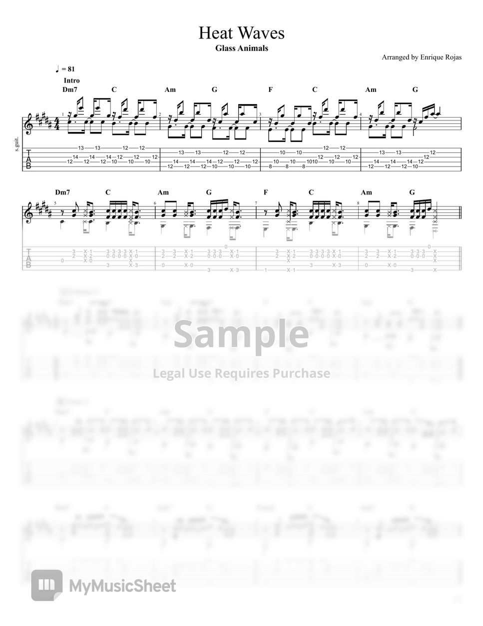 Glass Animals Heat Waves (Fingerstyle Guitar) Tab + 1staff by Enrique