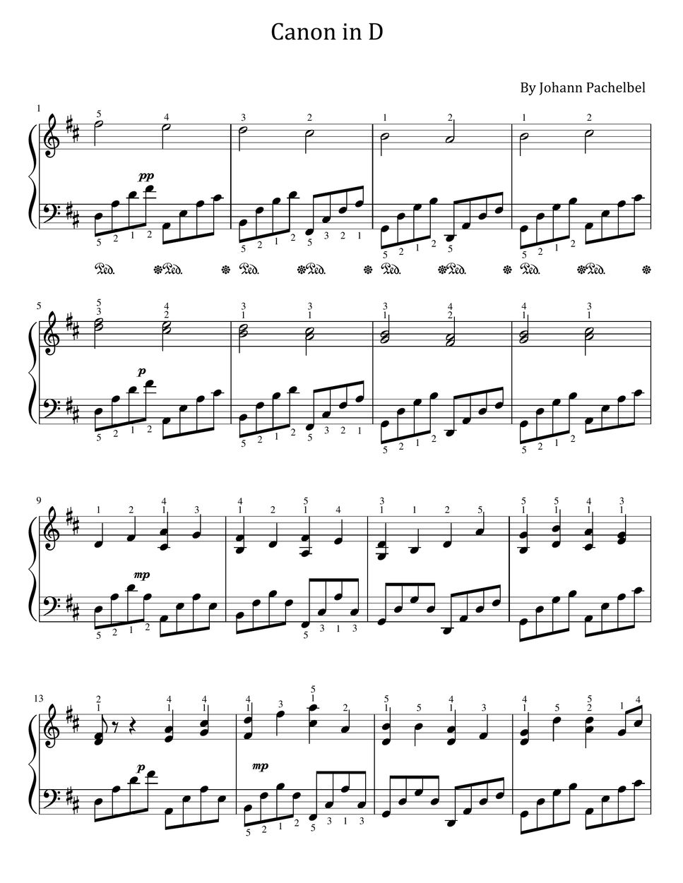 Johann Pachelbel Canon in D (D大调卡农 For Piano Solo With Finger