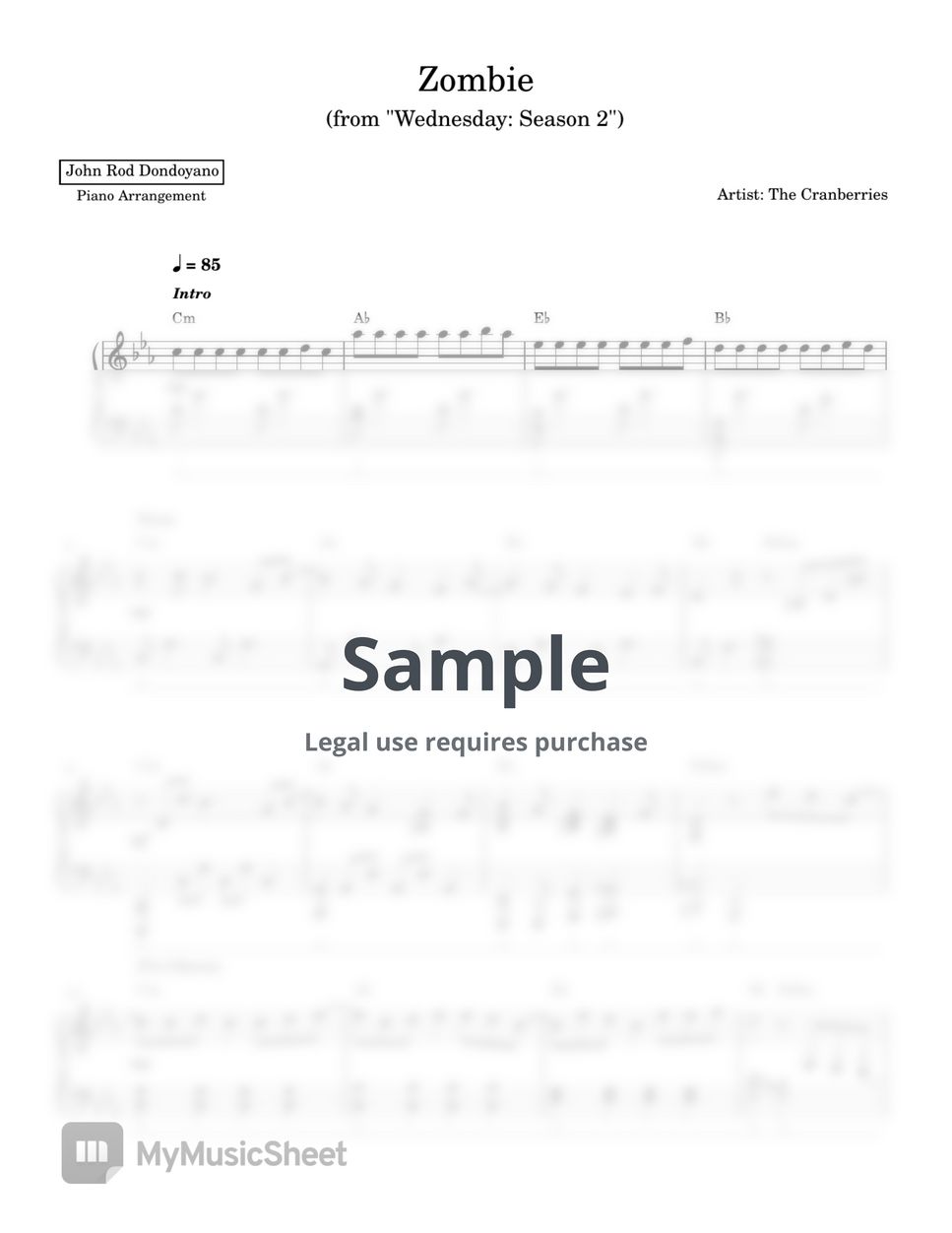 The Cranberries - Zombie (from Wednesday: Season 2)(PIANO SHEET) by John Rod Dondoyano