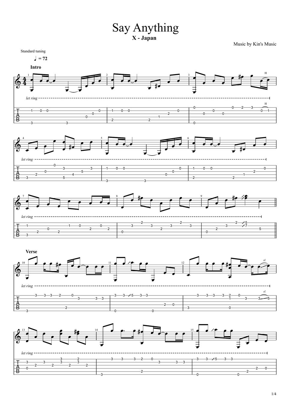 X Japan Say Anything[Easy Guitar Fingerstyle For Beginner] Sheets