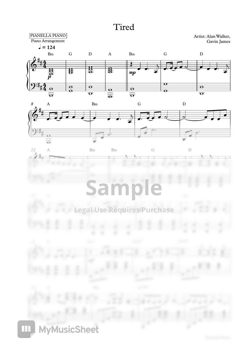 Alan Walker, Gavin James Tired (Piano Sheet) 악보 by Pianella Piano
