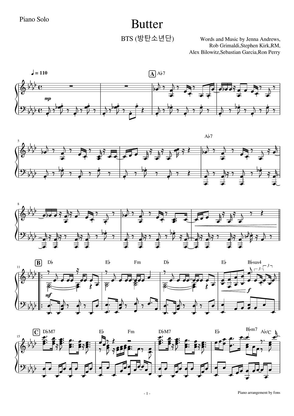 BTS (방탄소년단) Butter 악보 by fons