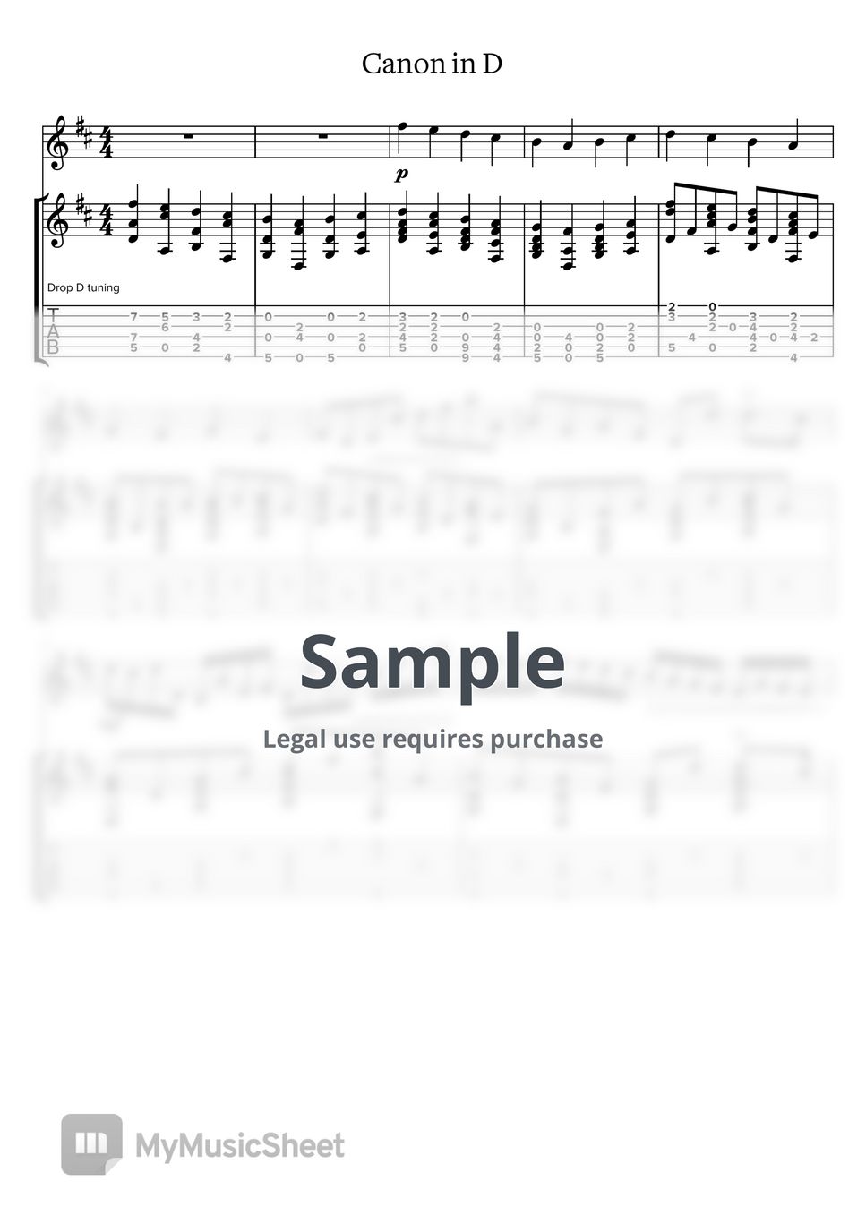 Canon in D for Guitar and Violin Tab + 1staff by Peter Kelly