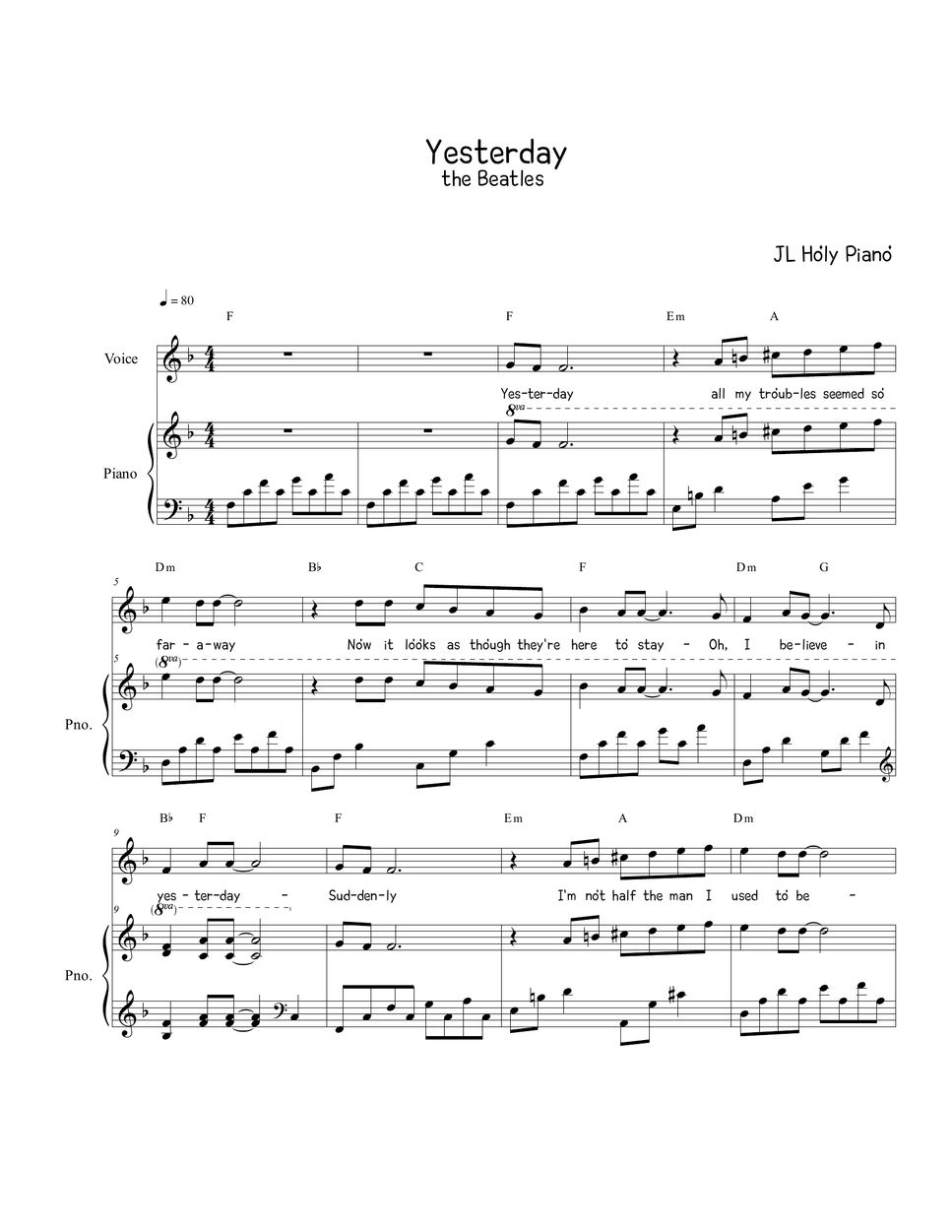 비틀즈 - yesterday Sheets by JL Holy Piano