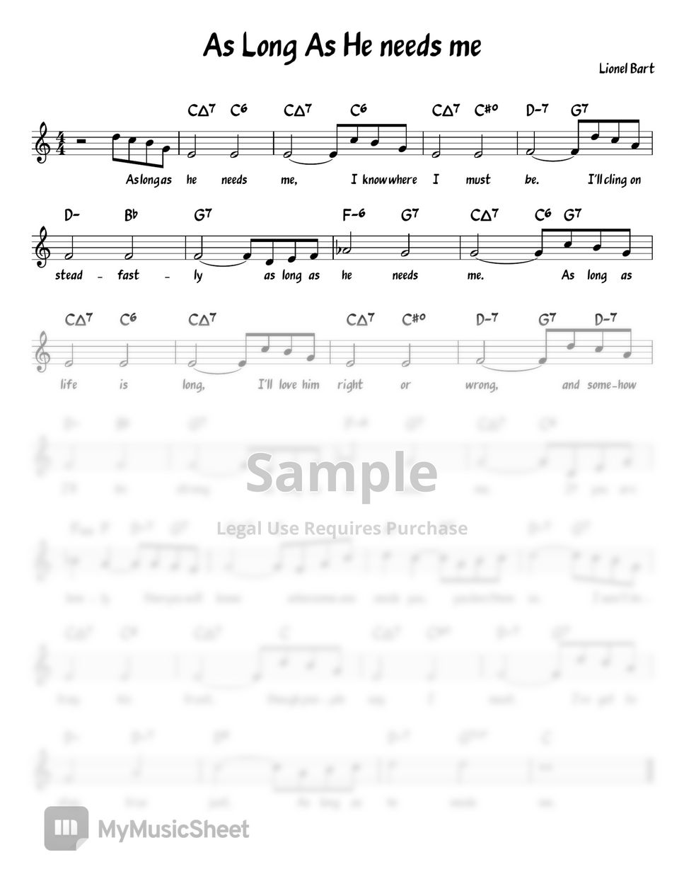 Lionel Bart - As Long as He Needs Me in C (Chord/Melody/Lyrics) (Lead Sheet) by ukulelewenwen