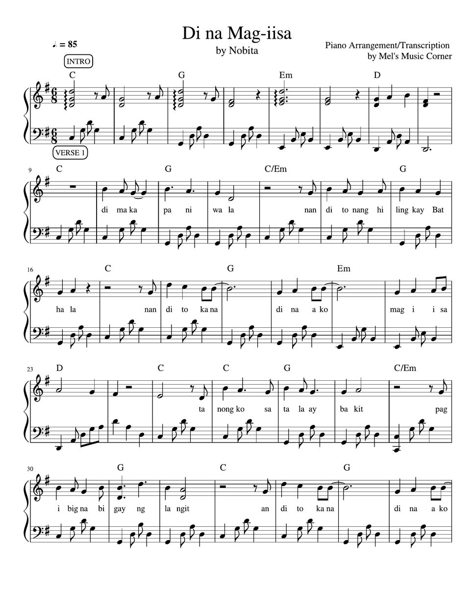 Nobita - Di Na Mag-iisa (piano sheet music) Sheet by Mel's Music Corner