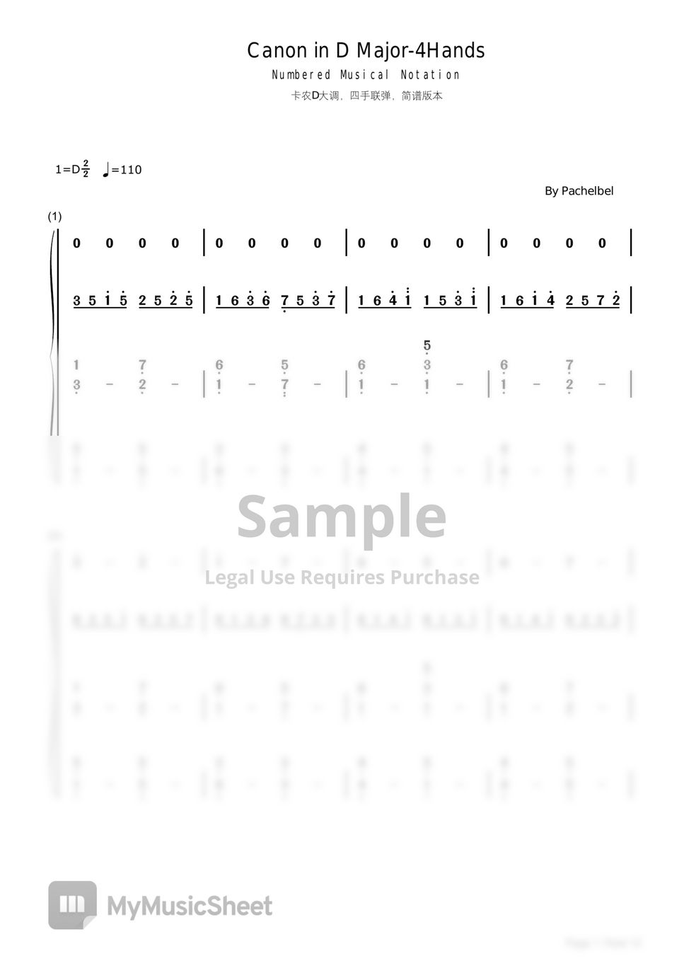 Pachelbel - Canon in D Major (Canon in D Major,4Hands,Numbered Musical Notation) by poon