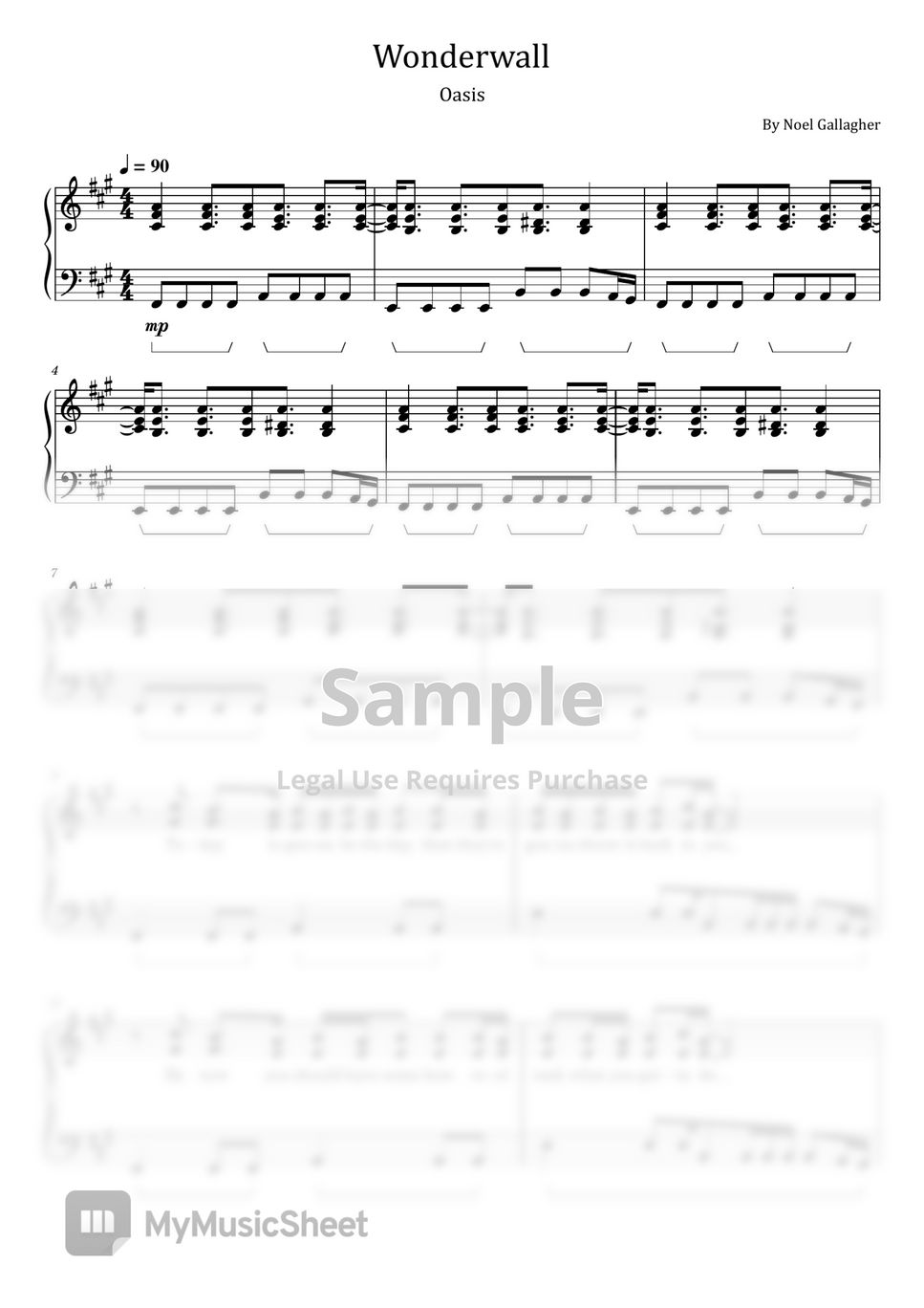 Noel Gallagher Wonderwall (Oasis For Piano Solo With Lyric) Sheets