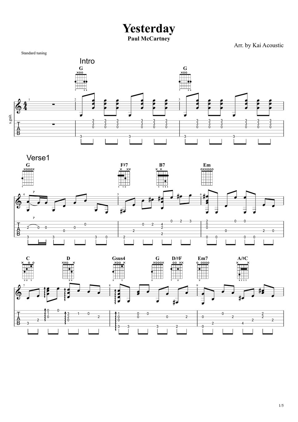 The Beatles Paul McCartney Yesterday Fingerstyle Guitar Tutorial TAB Sheets by Kai Acoustic
