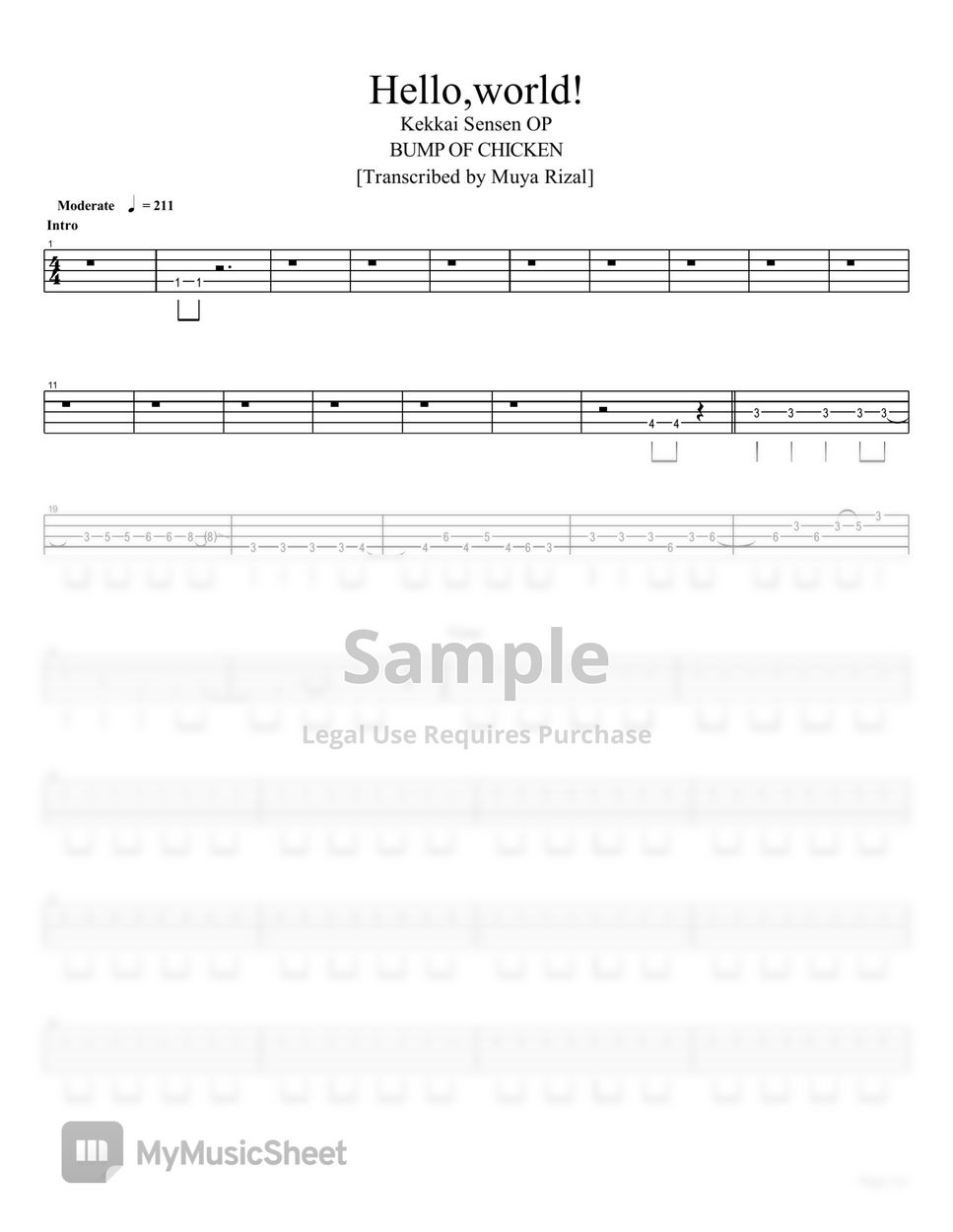 BUMP OF CHICKEN Hello, world! (Bass TAB) Nuty by Muya Rizal