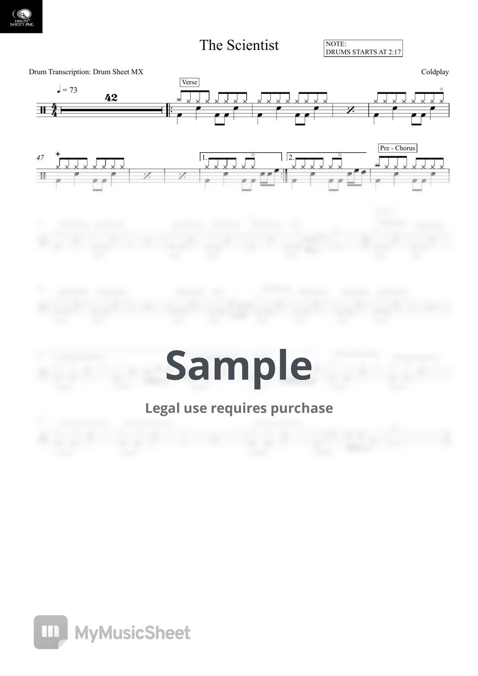 Coldplay - The Scientist by Drum Transcription: Drum Sheet MX