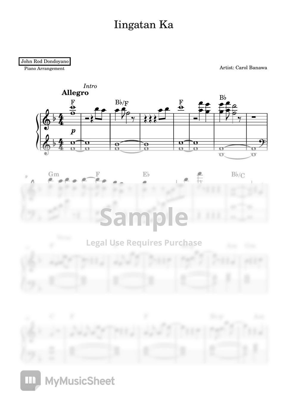 Carol Banawa - Iingatan Ka (EASY Piano Sheet) by John Rod Dondoyano