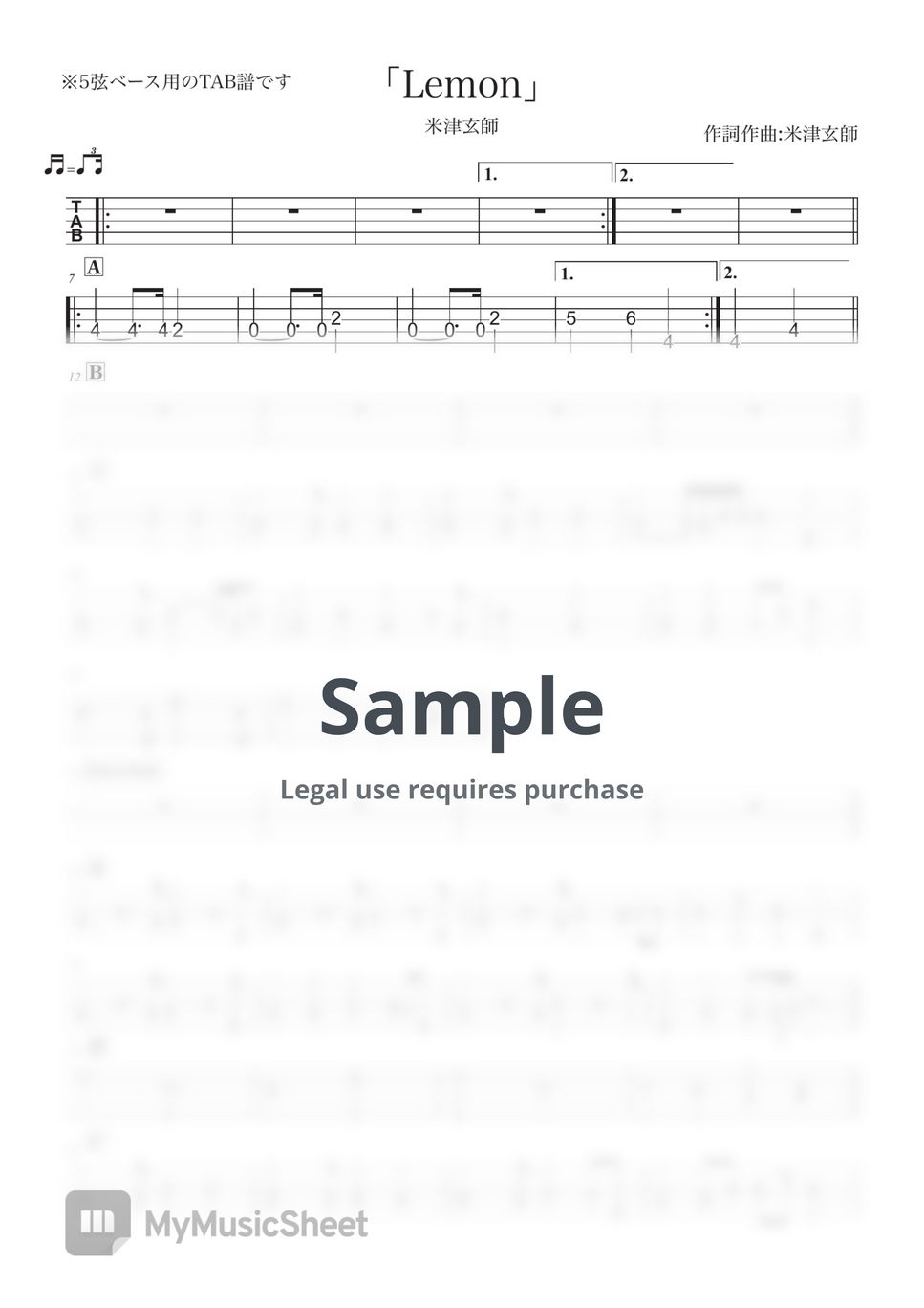 Kenshi Yonezu - lemon (Bass/Only TAB/5 Strings Bass) by Kidorin