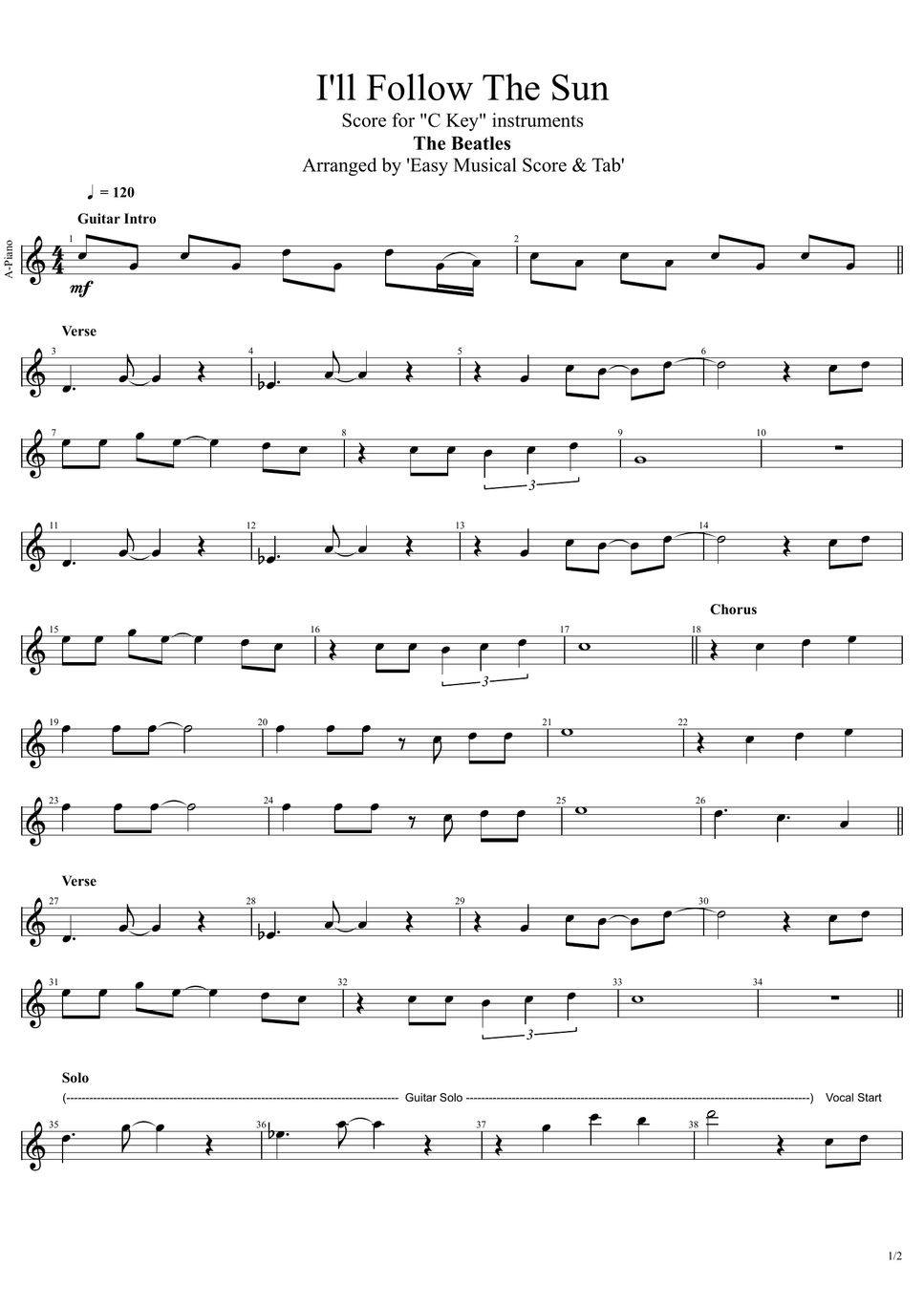 The Beatles I'll Follow The Sun (Score for "C Key" instruments) Sheet