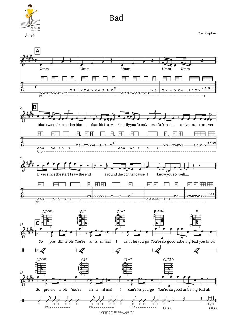 Christopher Bad Guitar Tab Lembar Musik By 서동욱 