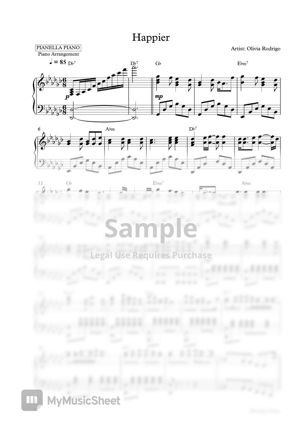 Olivia Rodrigo - Happier (Piano Sheet) Sheets by Pianella Piano