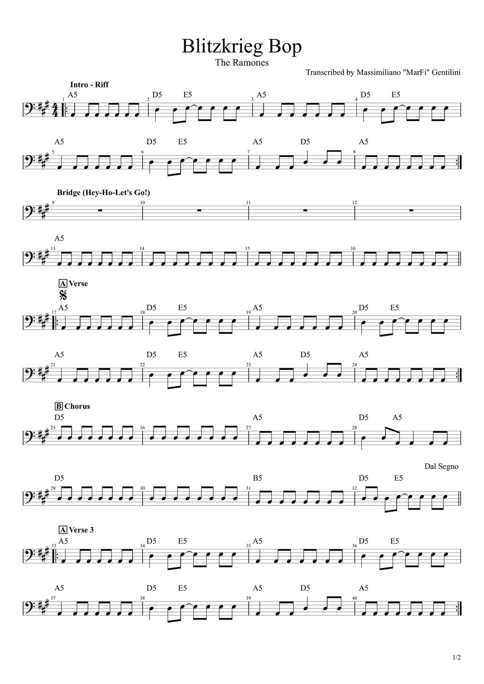 The Ramones Blitzkrieg bop TAB by Massimiliano Gentilini