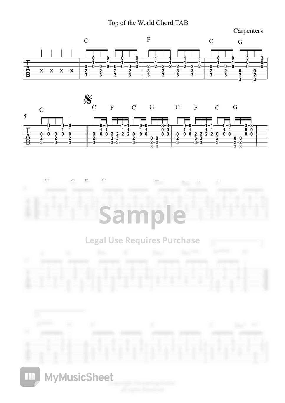 Carpenters Top of The World Rhythm TAB Sheets by Learning Guitar