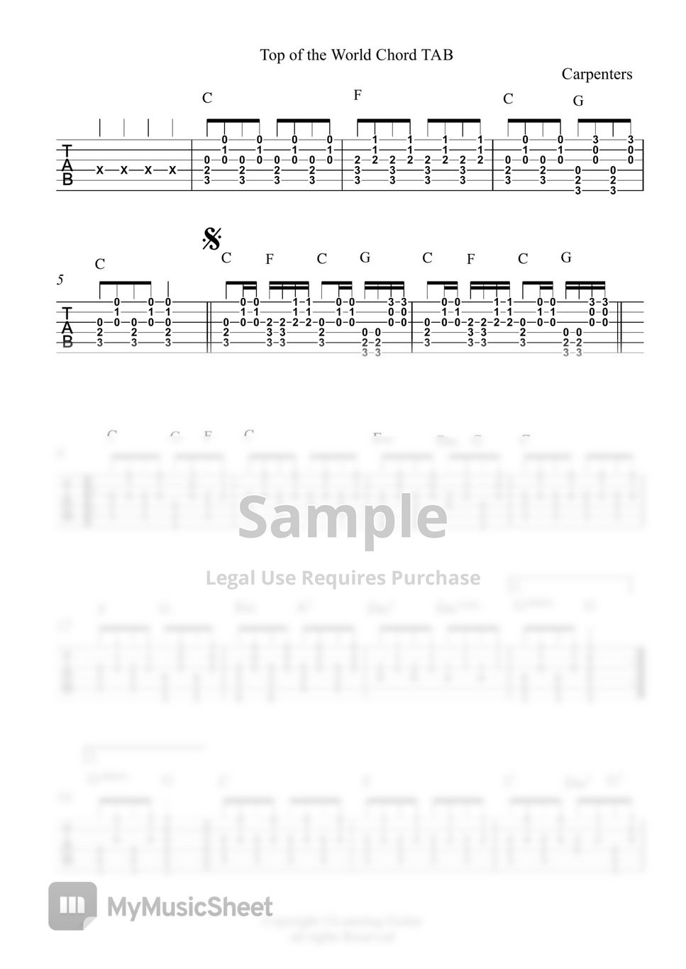 Carpenters - Top of The World Rhythm TAB by Learning Guitar