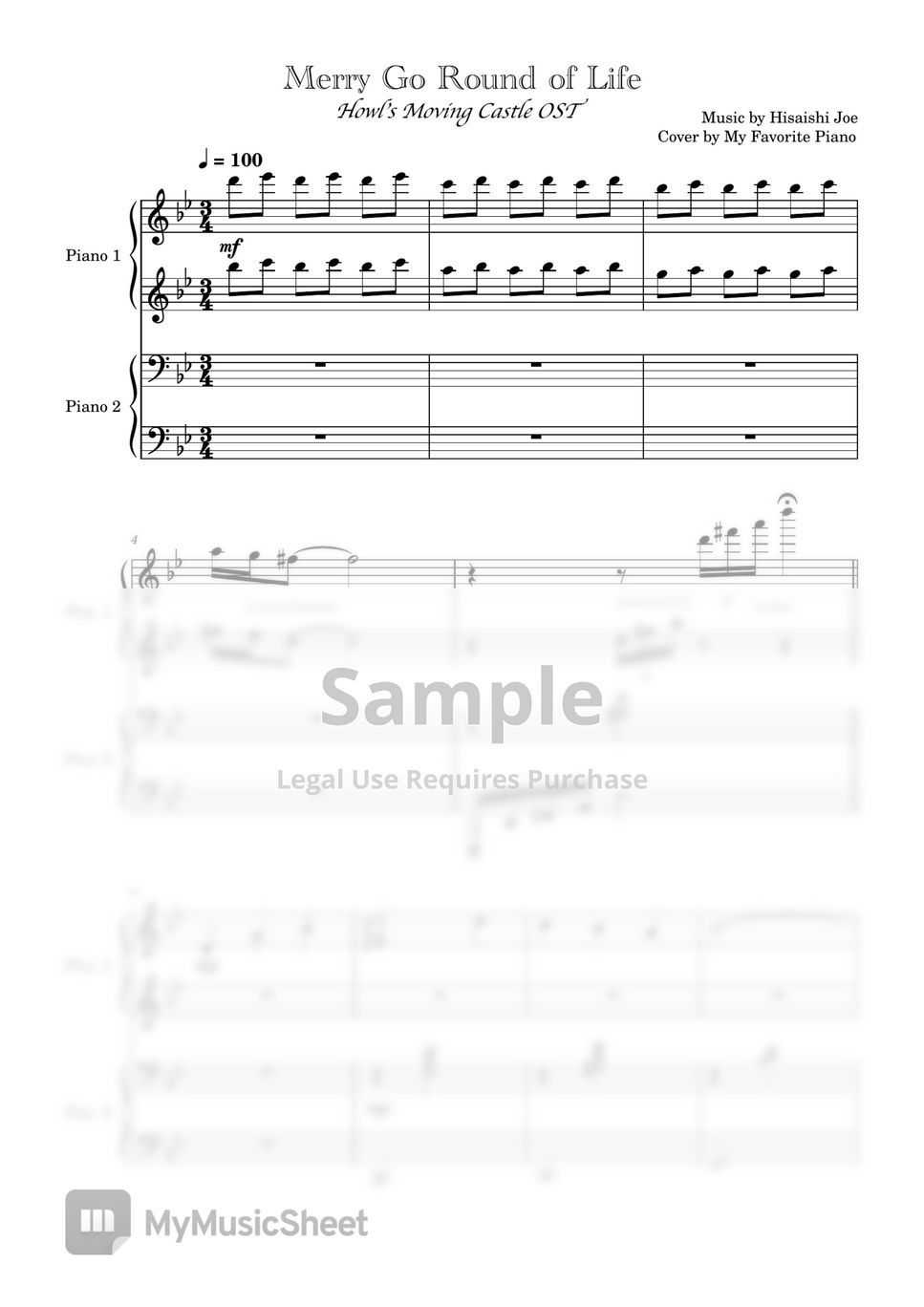 하울의 움직이는 성 OST - 人生のメリ-ゴ-ランド (인생의 회전목마) (4 Hands) by My Favorite Piano