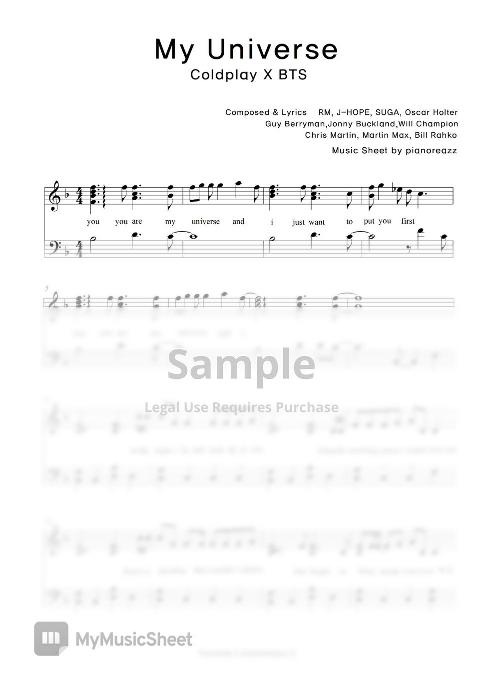 Coldplay & BTS My Universe (easy Key+Lyrics) Sheets by pianoreazz