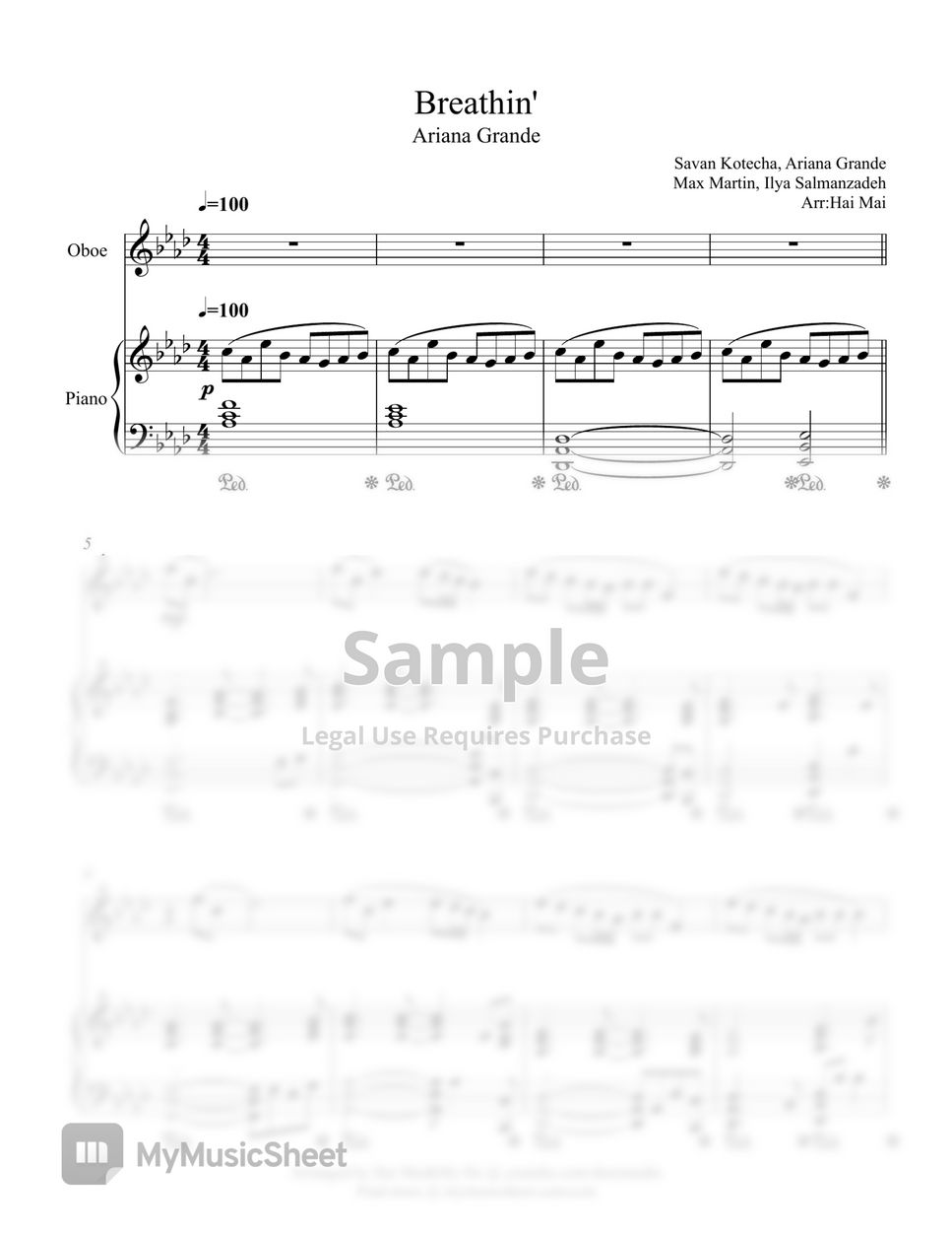 Ariana Grande Breathin' for Oboe solo and Piano 악보 by