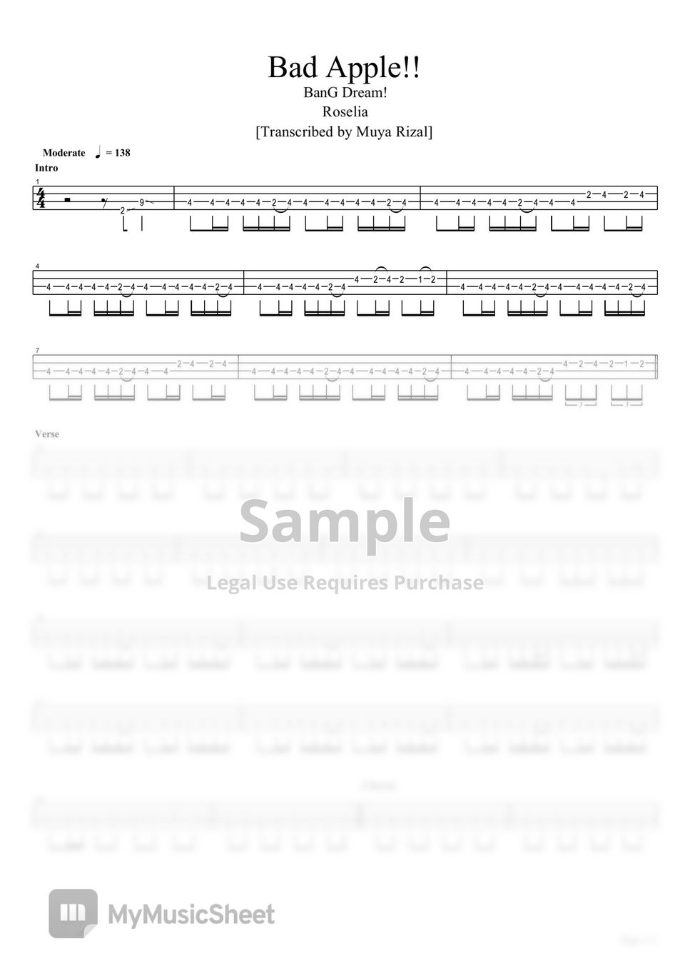 Nomico Bad Apple (Bass TAB) (Roselia Ver.) Partition musicale by Muya