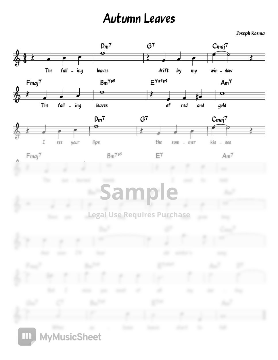 Joseph Kosma - Autumn Leaves in C (Chord/Melody/Lyrics) (Lead Sheet) by ukulelewenwen