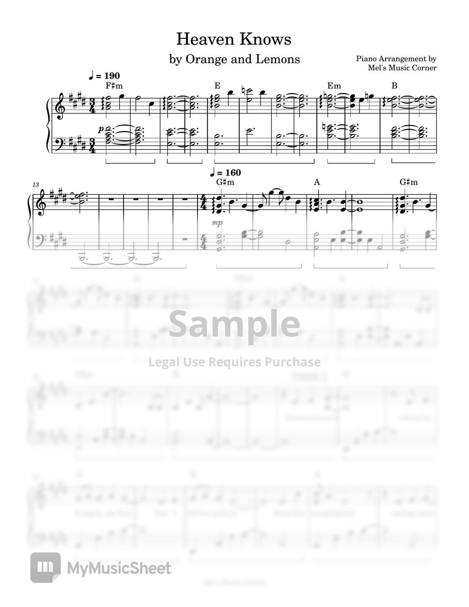 Orange and Lemons - Heaven Knows (piano sheet music) by Mel's Music Corner