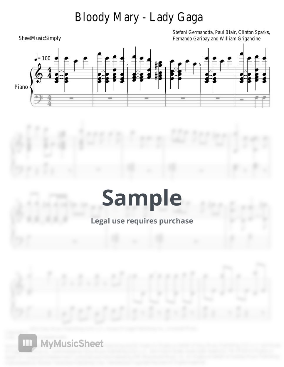 Lady Gaga Bloody Mary Sheets by SheetMusicSimply