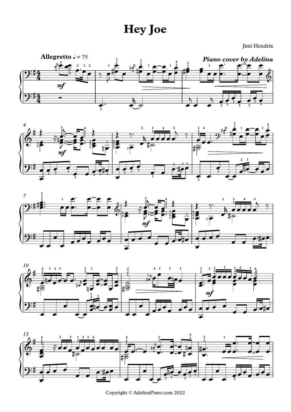 Jimi Hendrix Hey Joe Sheet by Adelina Piano