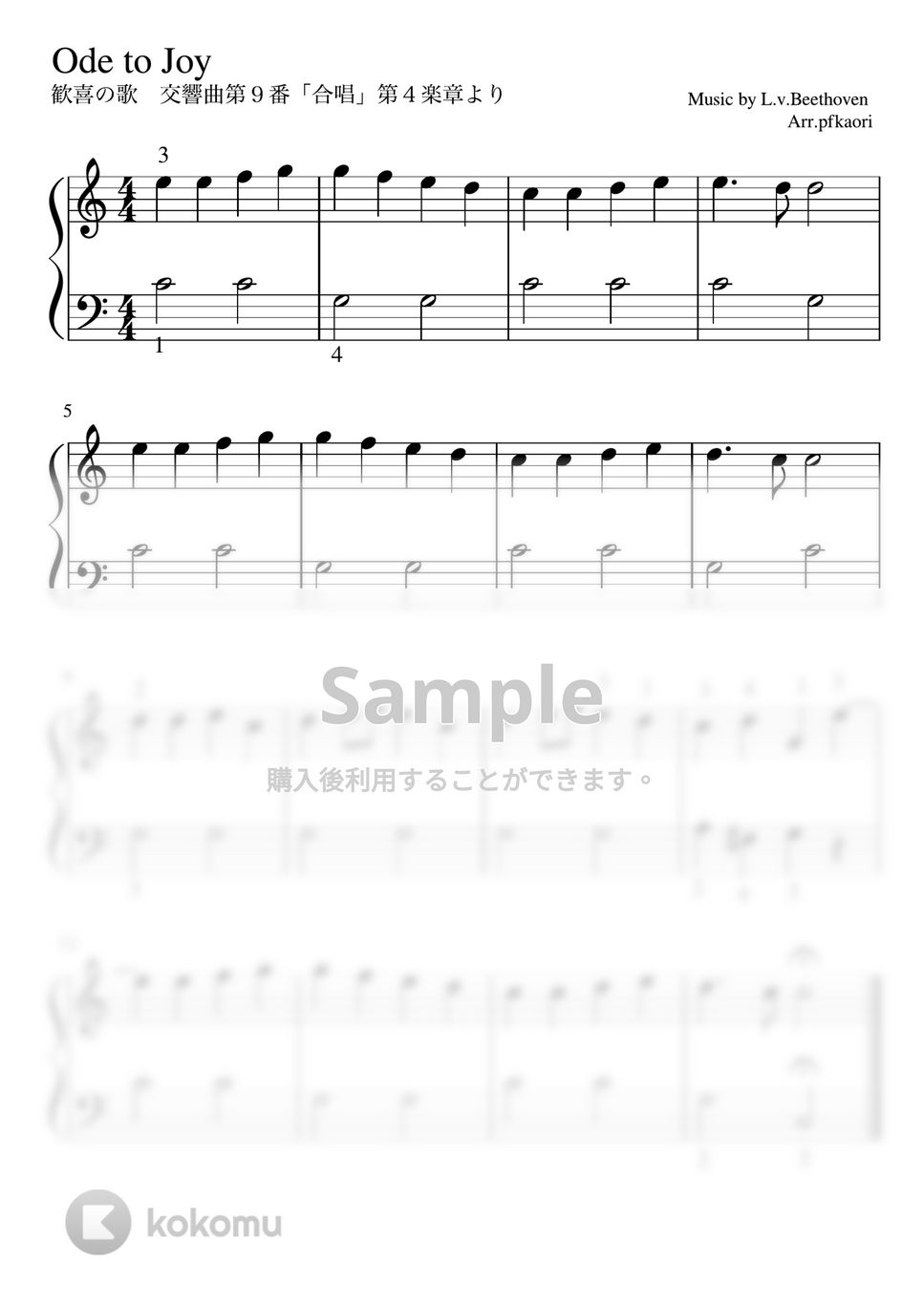 ベートーヴェン - 歓喜の歌 (Cdur・ピアノソロ初級 /oct up) by pfkaori