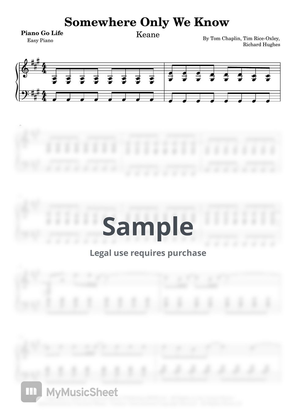 Keane - Somewhere Only We Know (EASY) Partition musicale by Piano Go Life