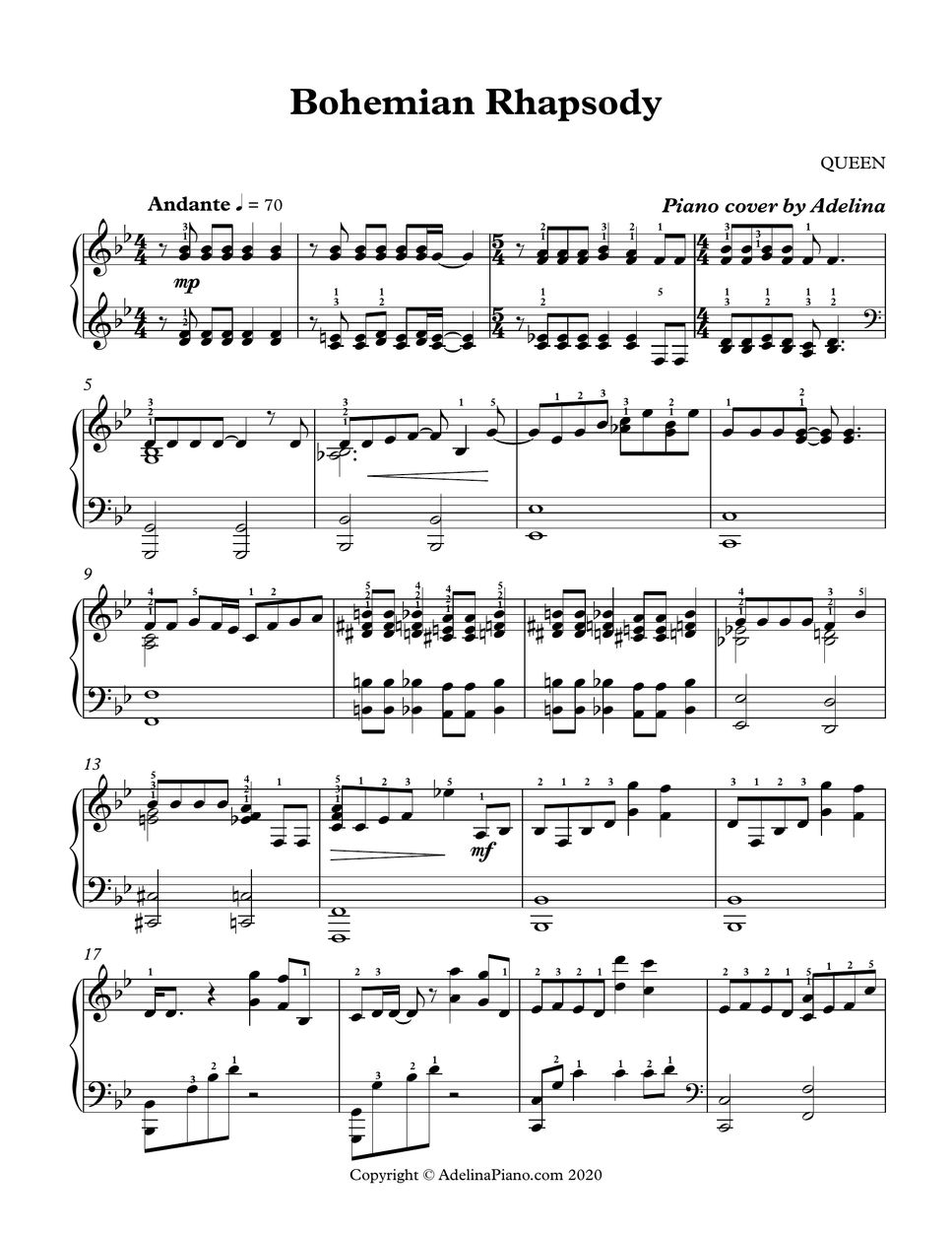 QUEEN - Bohemian Rhapsody 楽譜 by Adelina Piano