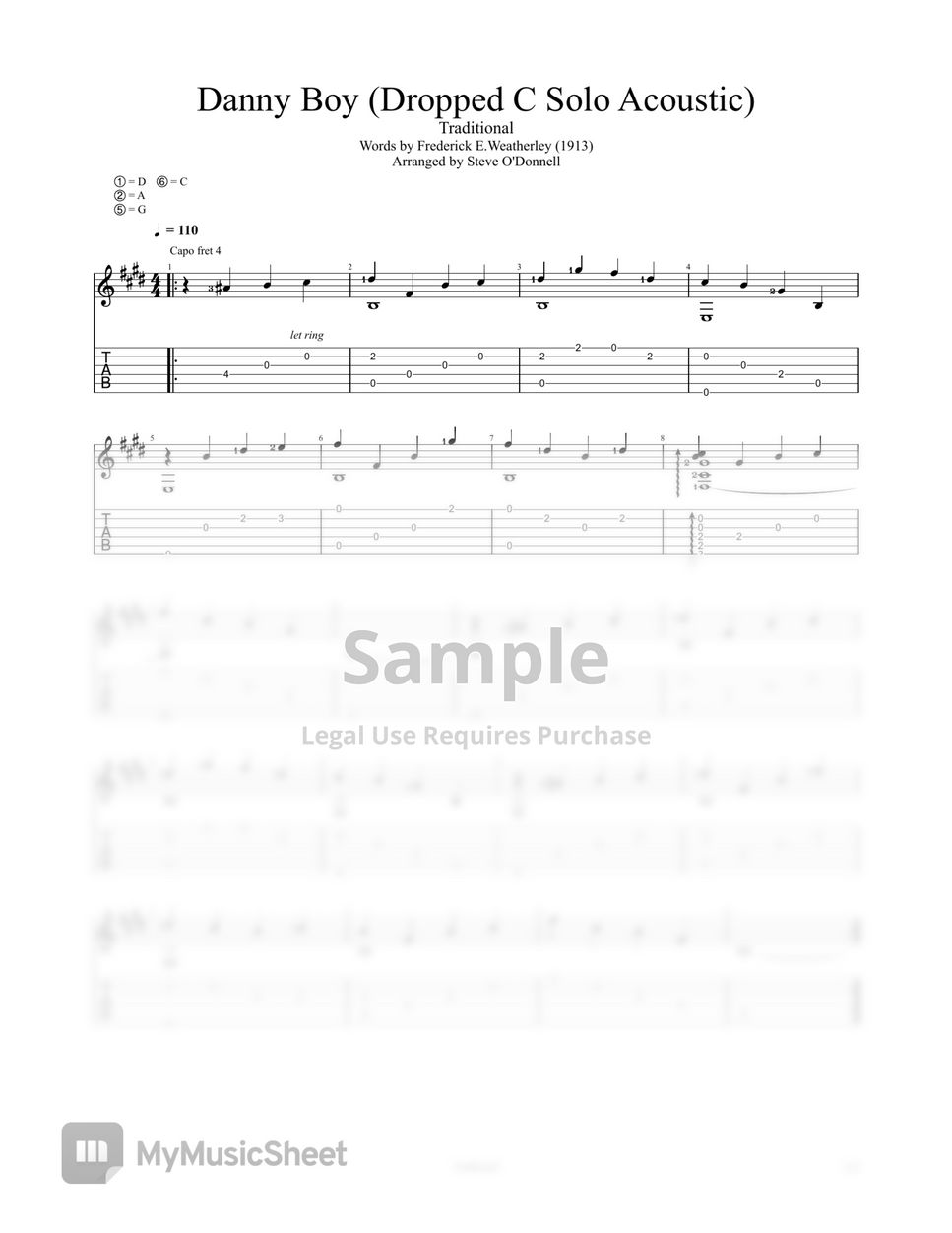 Frederick E. Weatherley Danny Boy Acoustic for Solo Guitar (Dropped C