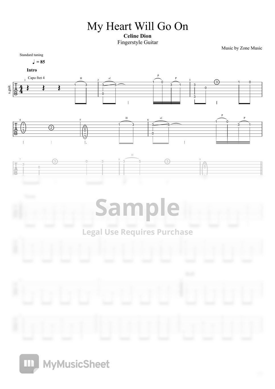 Celine Dion My Heart Will Go On Fingerstyle Guitar タブ + 五線譜 by Zone Music
