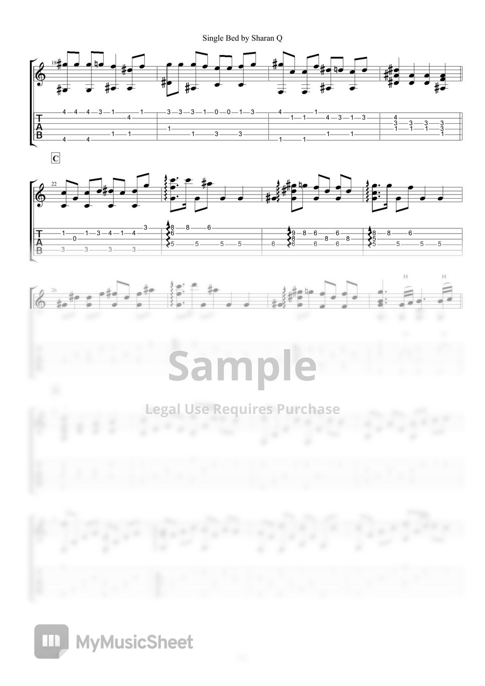 Sharan Q - Single Bed (Guitar TAB) Tab + 1staff by guitar kuitar