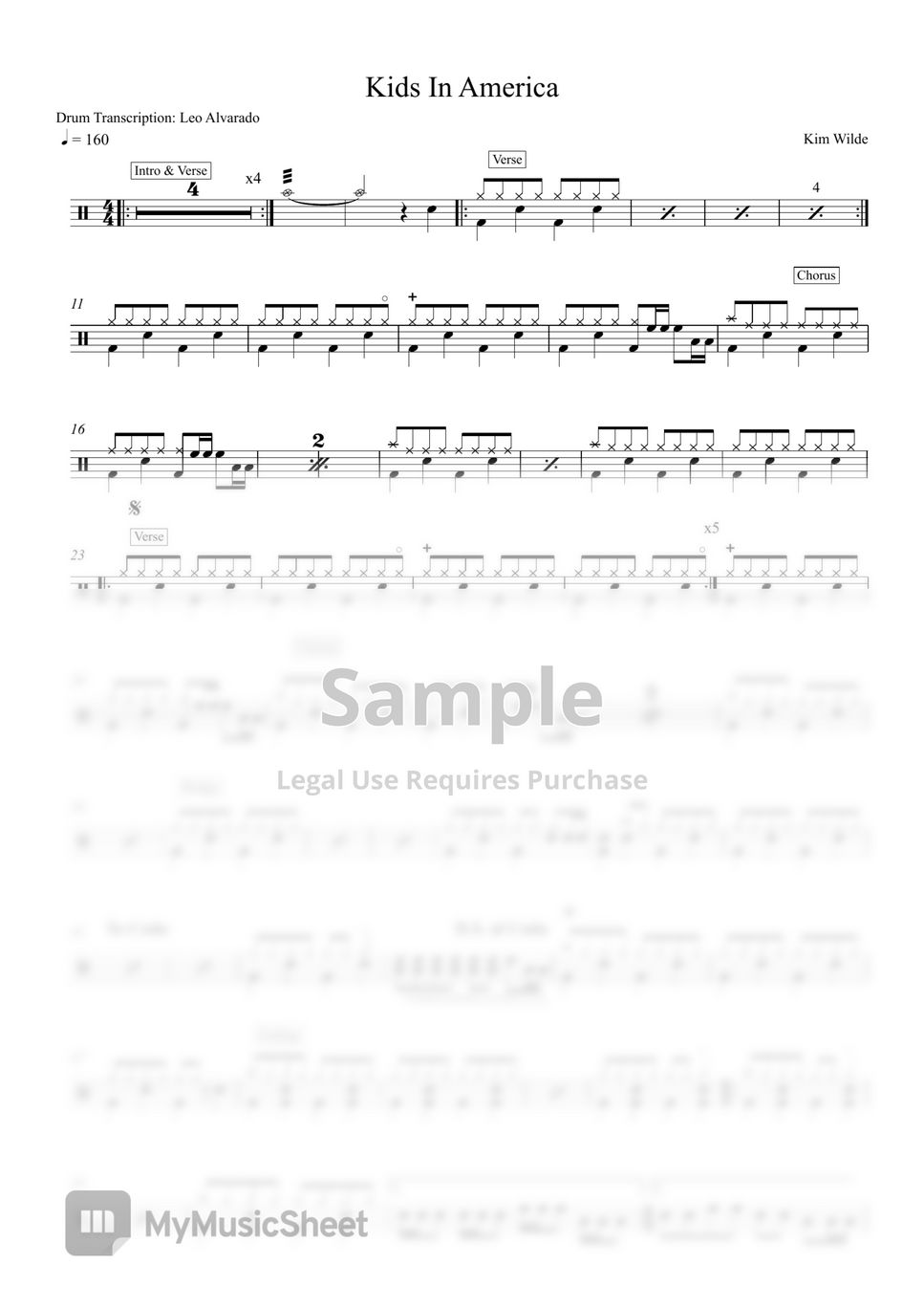 Kim Wilde - Kids in America Sheets by Drum transcription: Leo Alvarado