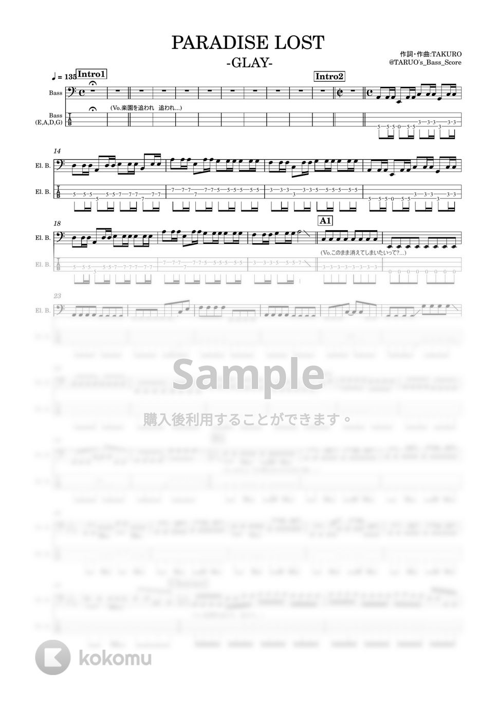 GLAY - PARADISE LOST (ベース/TAB/GLAY) by TARUO's_Bass_Score