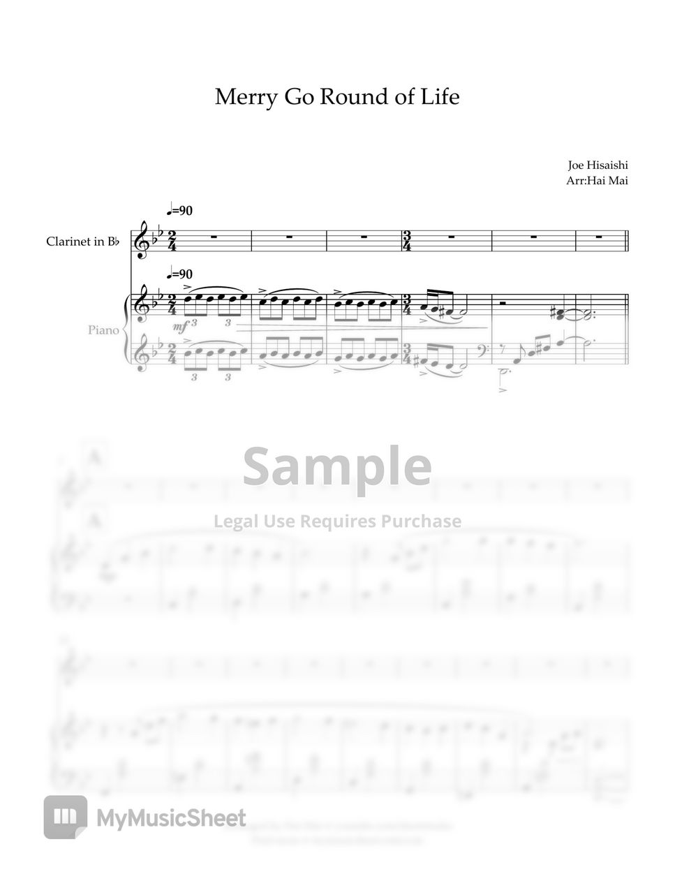 Joe Hisaishi Merry Go Round Of Life For Clarinet In Bb Easy And Piano Accompaniment Sheets 