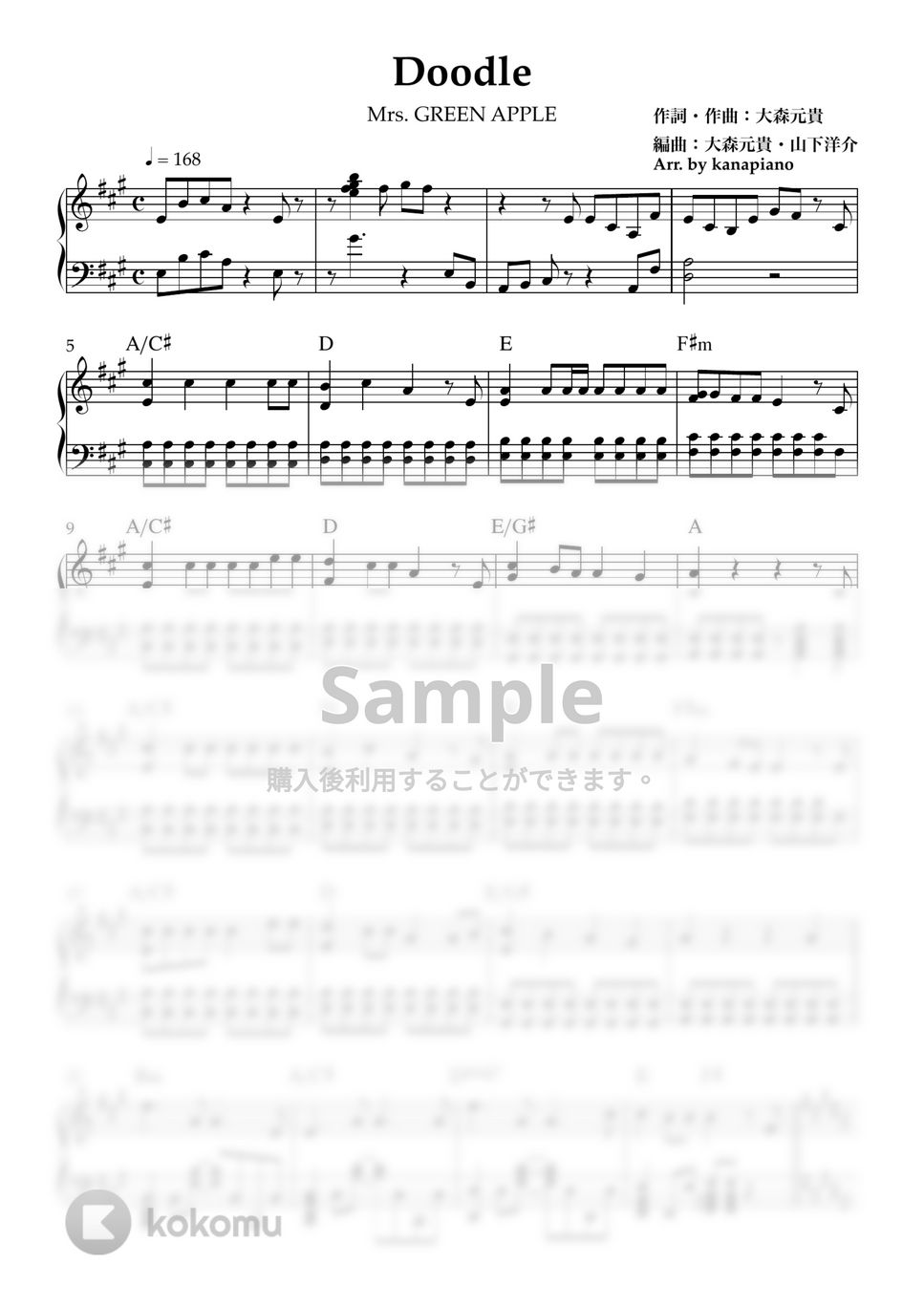 Mrs. GREEN APPLE - Doodle (ピアノソロ) by kanapiano