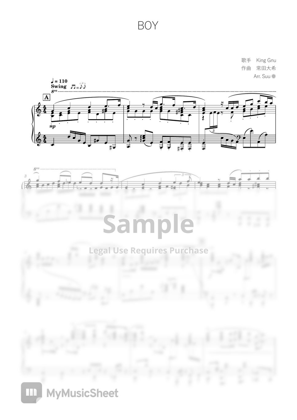 King Gnu BOY (ピアノソロ上級 / TVアニメ『王様ランキング』OP) Sheets by Suu